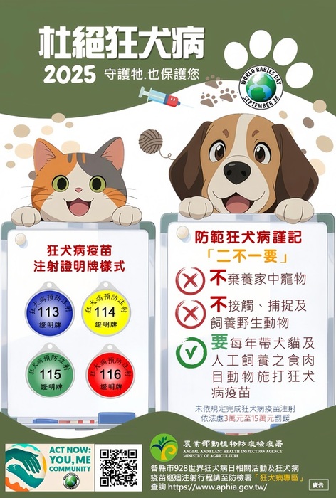 轉知 農業部動植物防疫檢疫署114年度「杜絕狂犬病－守護牠.也保護您」宣導海報圖片